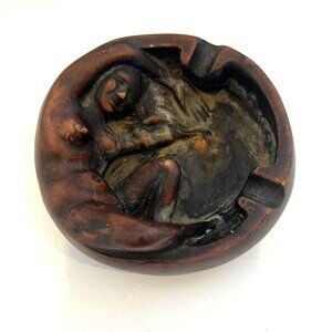 Vintage Nude Woman Resin & Wood Art Nouveau Ashtray Figurine